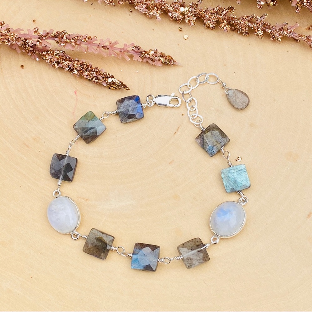 Labradorite, Moonstone Gemstone Sterling Bracelet - Picture 7 of 7